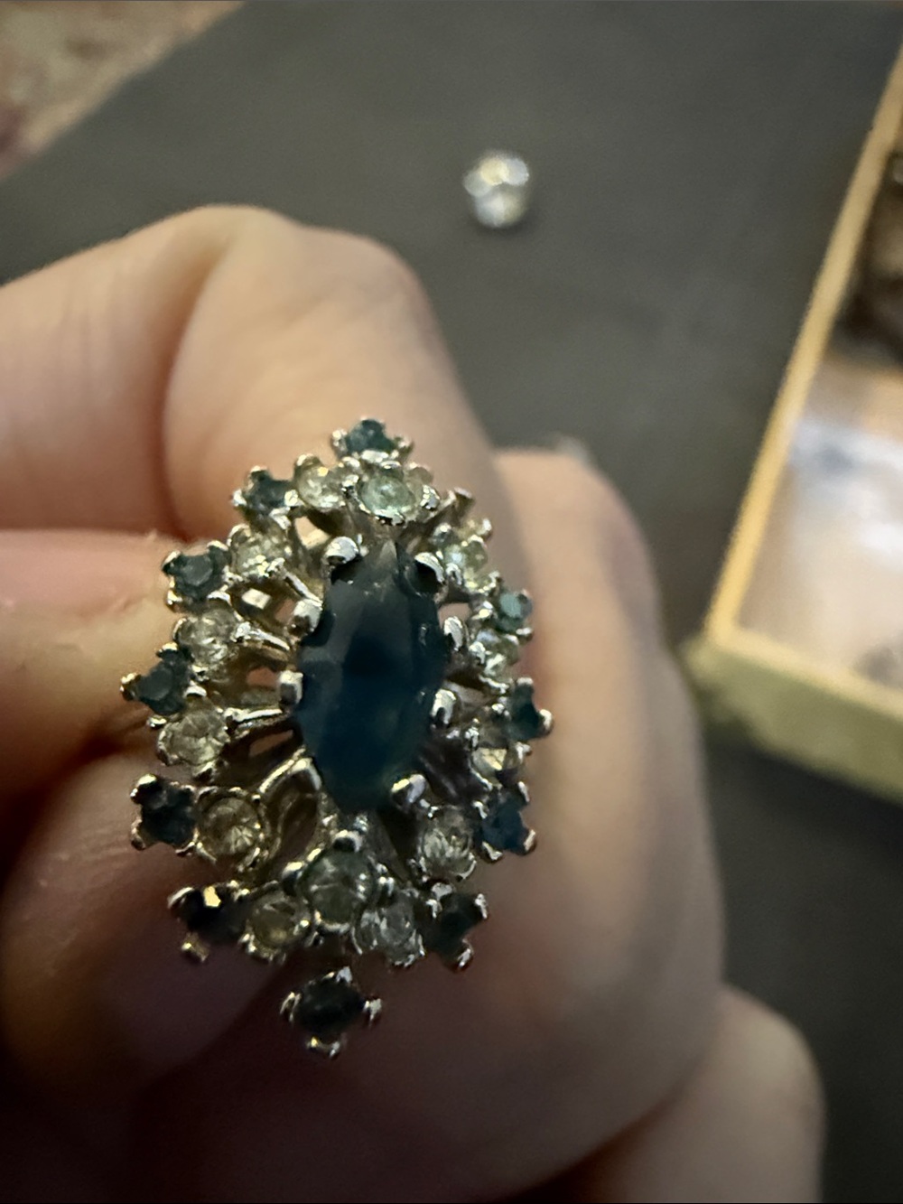 18K gold electroplated (GE)
cocktail ring with blue sapphire-and Cz